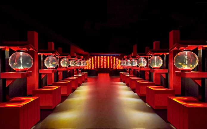 Path through Art Aquarium Museum with red stands holding lit goldfish bowls.