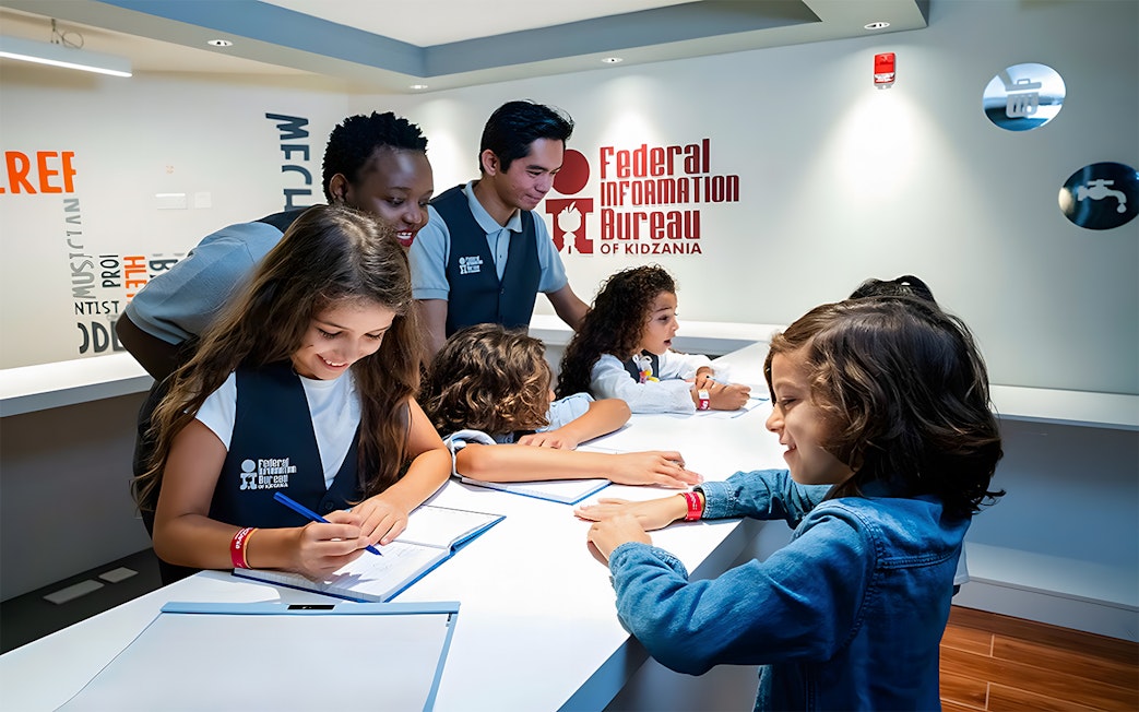 Kids engaging in activities at the Federal Information Department, Kidzania, Abu Dhabi.