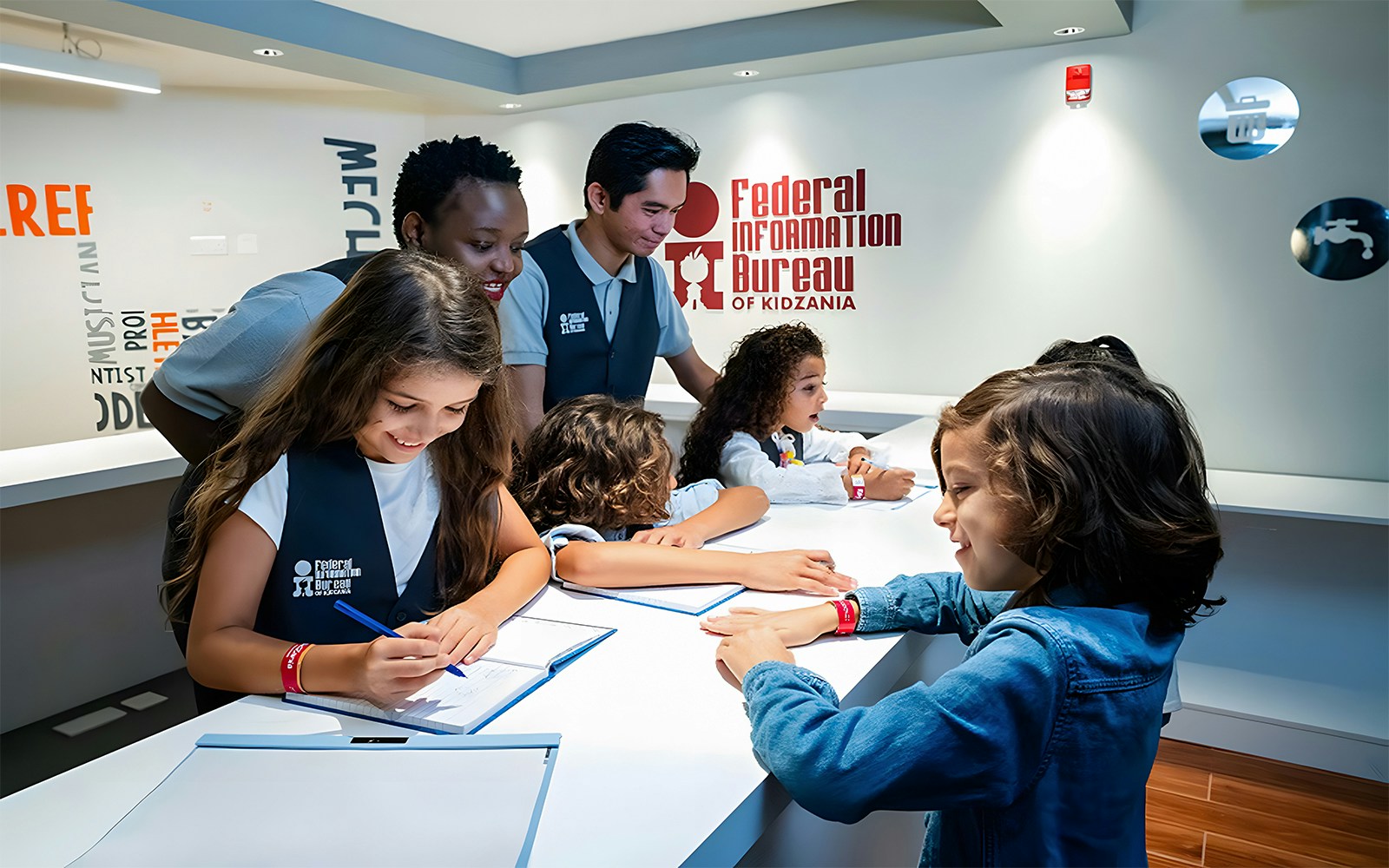 Kids engaging in activities at the Federal Information Department, Kidzania, Abu Dhabi.