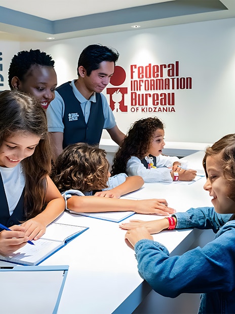 Kids engaging in activities at the Federal Information Department, Kidzania, Abu Dhabi.