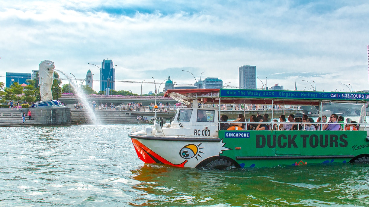 Merlion Fountain view from DUCKtours Singapore amphibious vehicle.