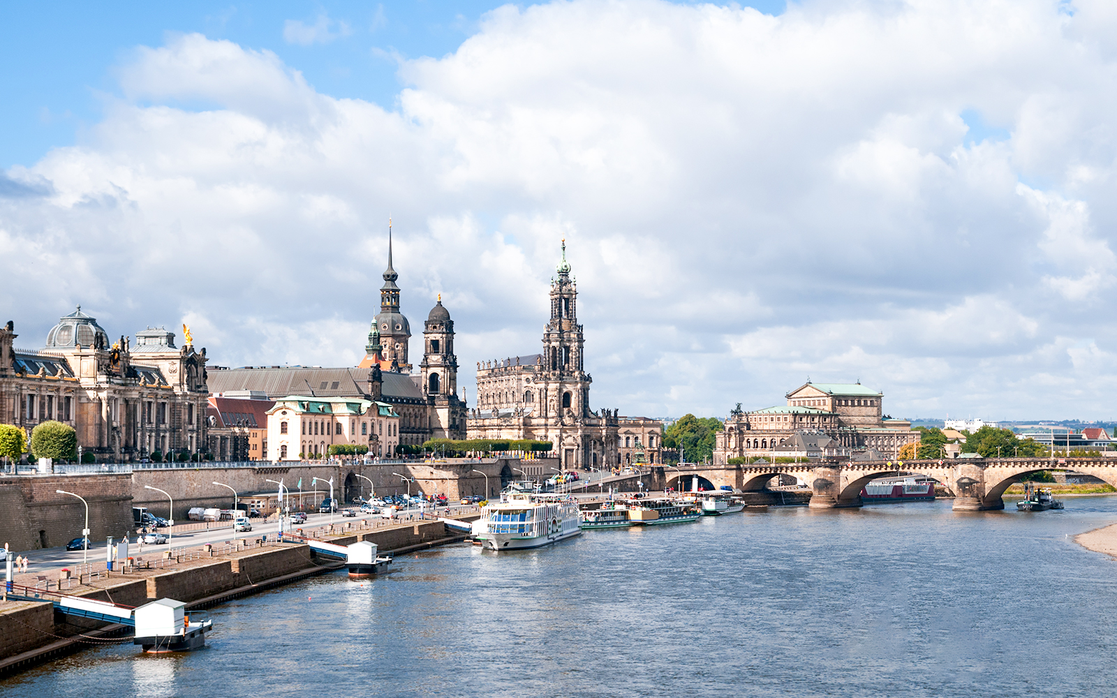 Dresden skyline with Frauenkirche and Elbe River during Old City Walk.