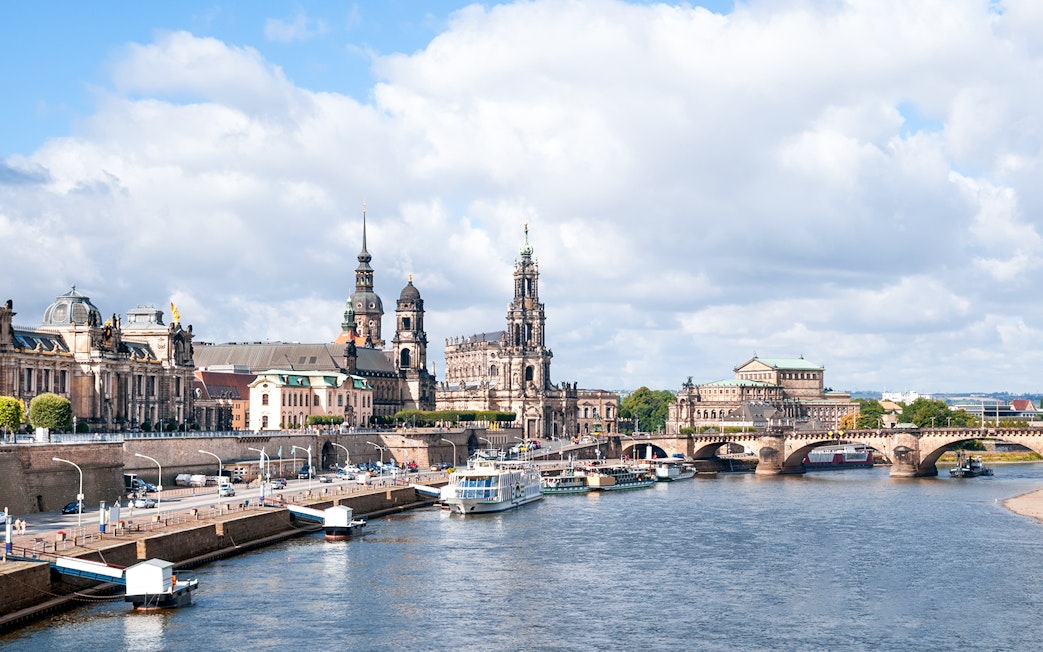 Dresden skyline with Frauenkirche and Elbe River during Old City Walk.