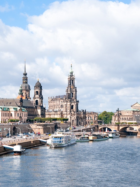 Dresden skyline with Frauenkirche and Elbe River during Old City Walk.