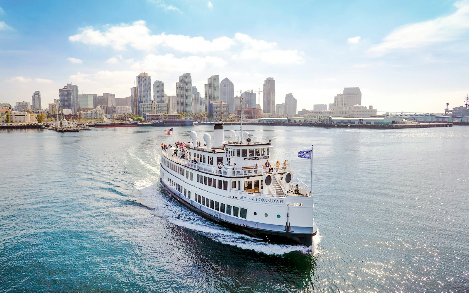 Harbor cruise ship sailing with San Diego skyline in the background.