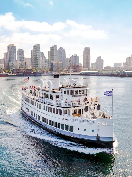 Harbor cruise ship sailing with San Diego skyline in the background.