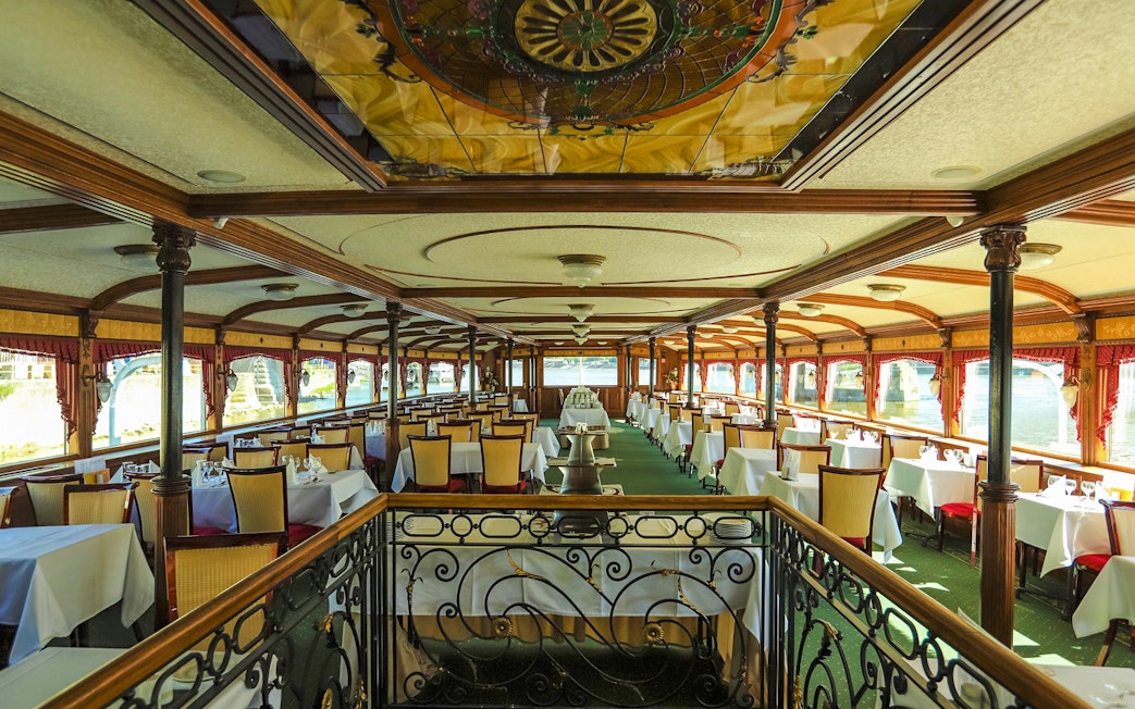 Elegant dining area on the Inside Sunshine Booze Cruise, Budapest.