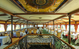 Elegant dining area on the Inside Sunshine Booze Cruise, Budapest.