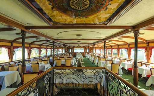 Elegant dining area on the Inside Sunshine Booze Cruise, Budapest.