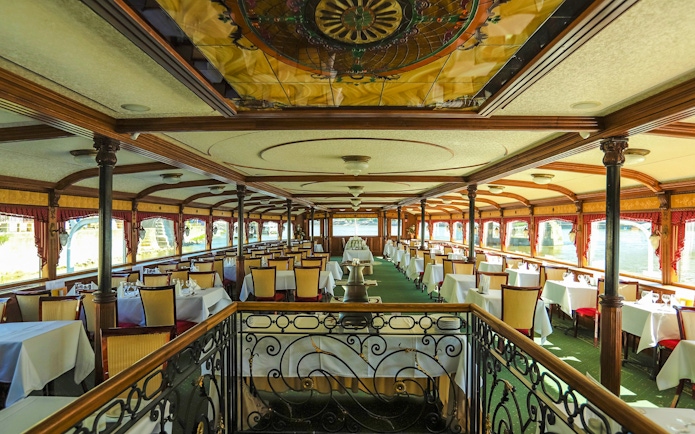 Elegant dining area on the Inside Sunshine Booze Cruise, Budapest.