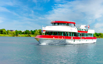 MS Vienna boat cruising on a river in Austria with lush green trees in the background.