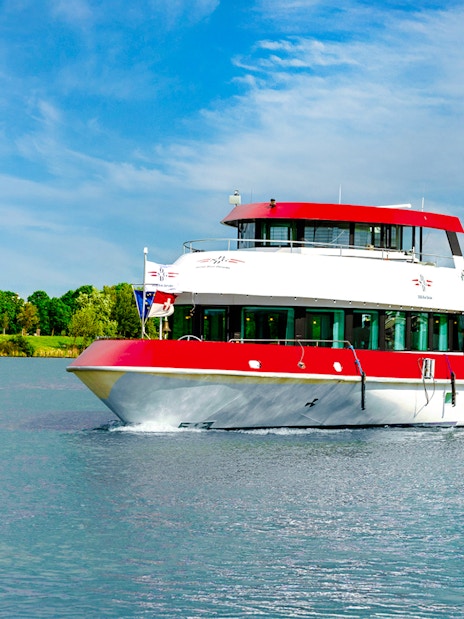 MS Vienna boat cruising on a river in Austria with lush green trees in the background.