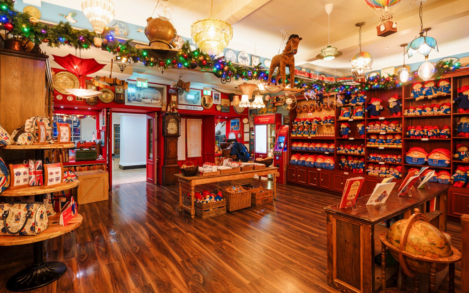 Paddington-themed shop decorated for Christmas in London.