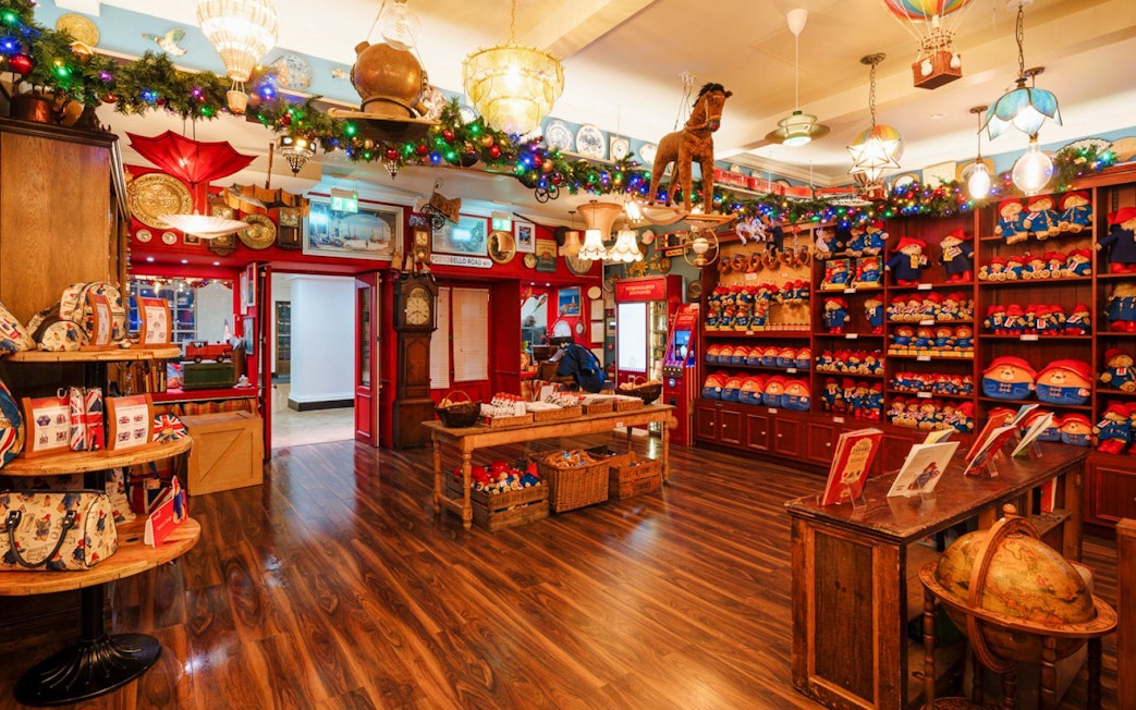 Paddington-themed shop decorated for Christmas in London.