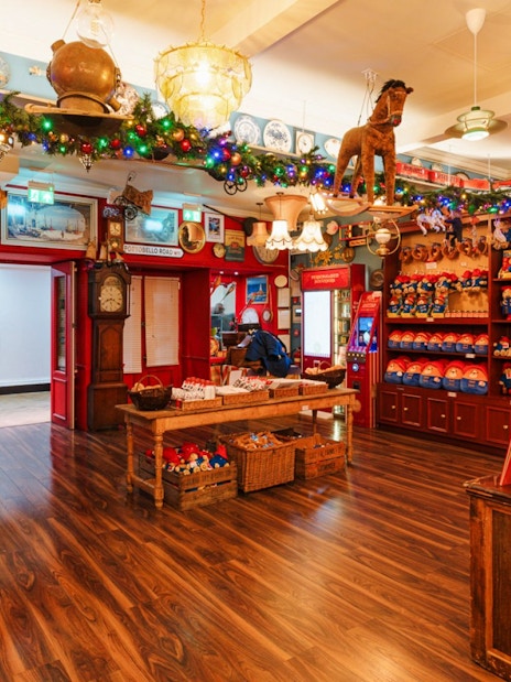 Paddington-themed shop decorated for Christmas in London.