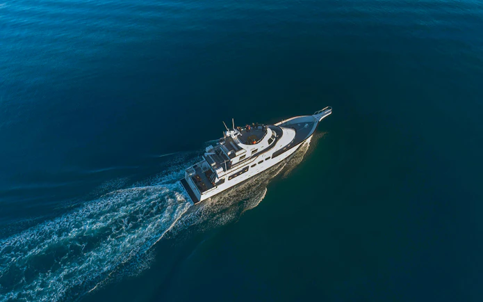Amelia Rose yacht cruising for whale watching near Reykjavík.
