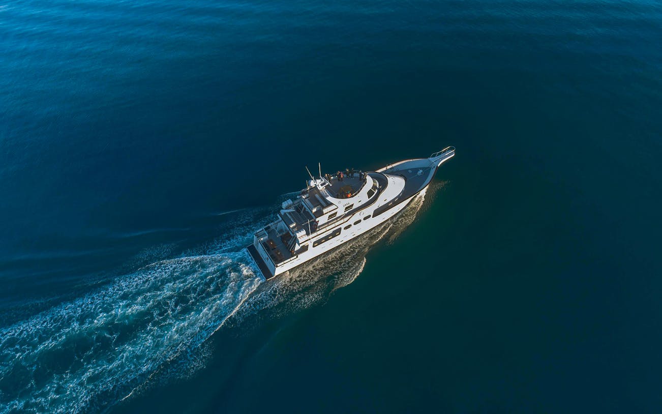 Amelia Rose yacht cruising for whale watching near Reykjavík.
