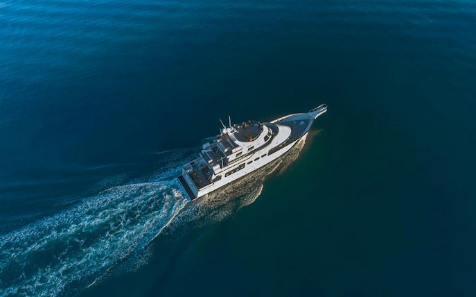 Amelia Rose yacht cruising for whale watching near Reykjavík.