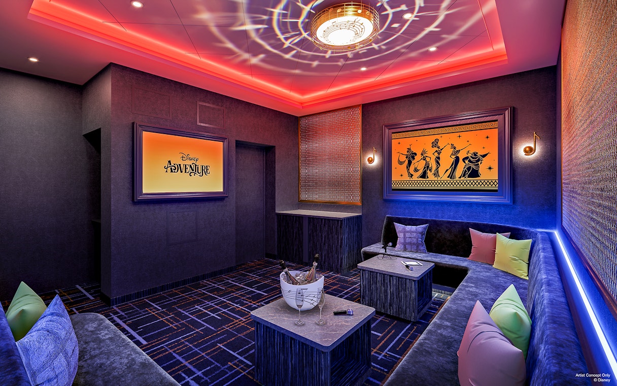 Disney Adventure Cruise karaoke room with colorful seating and music-themed decor.