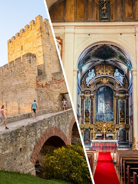 Sao Jorge Castle exterior and Santa Cruz do Castelo church interior in Lisbon, Portugal.