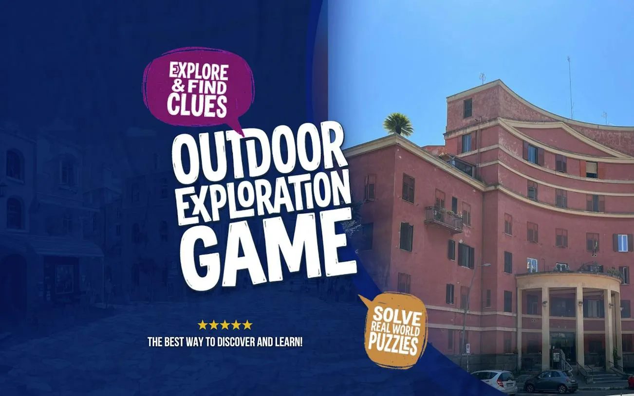 Rome Garbatella street art exploration game with red building and puzzle clues.