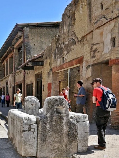 Herculaneum ruins with tourists exploring ancient streets on a guided tour from Naples.
