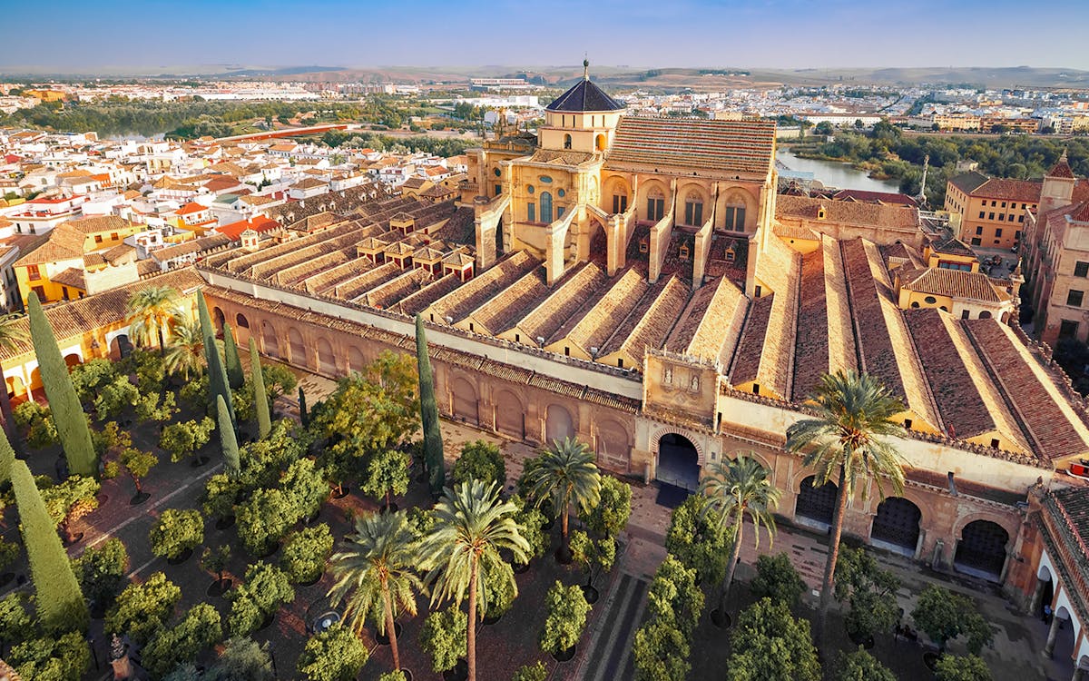 Aerial view of Cordoba Mosque-Cathedral, showcasing its historic architecture in Cordoba, Spain.