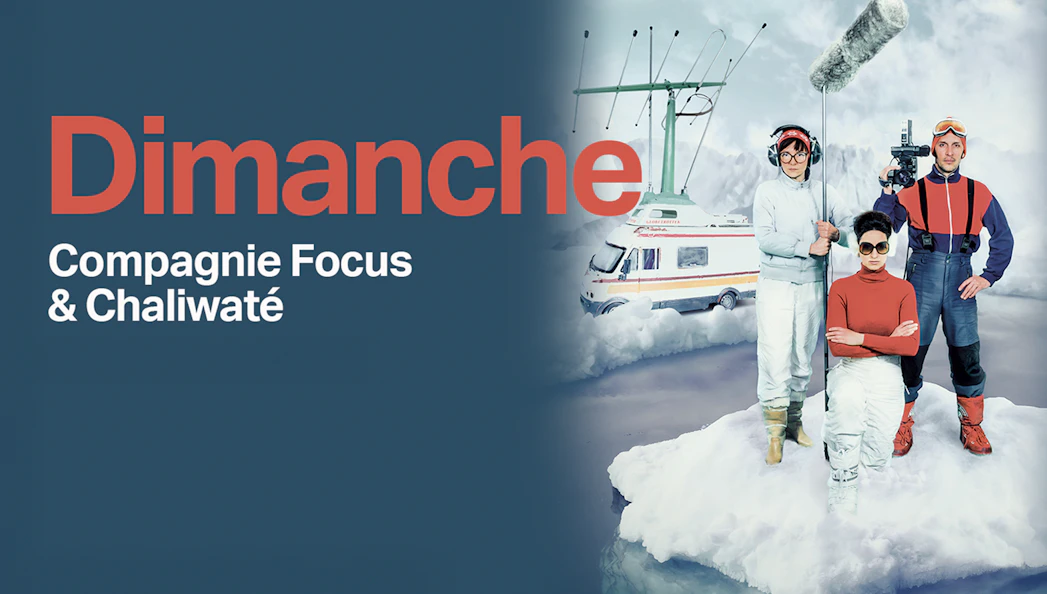 Three people in winter gear with film equipment on a snowy landscape, near a van with antennas.