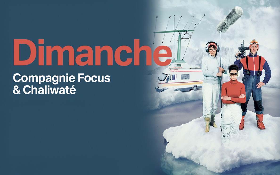 Three people in winter gear with film equipment on a snowy landscape, near a van with antennas.