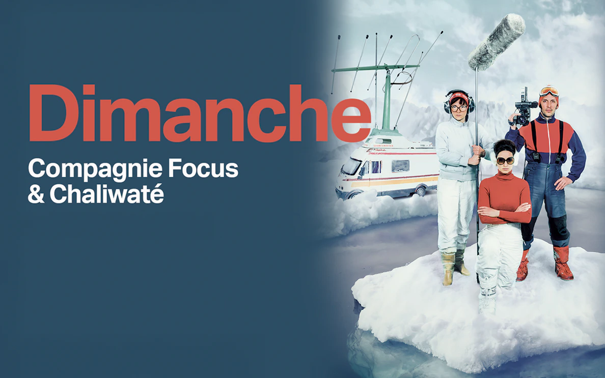 Three people in winter gear with film equipment on a snowy landscape, near a van with antennas.
