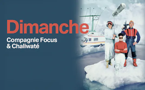 Three people in winter gear with film equipment on a snowy landscape, near a van with antennas.