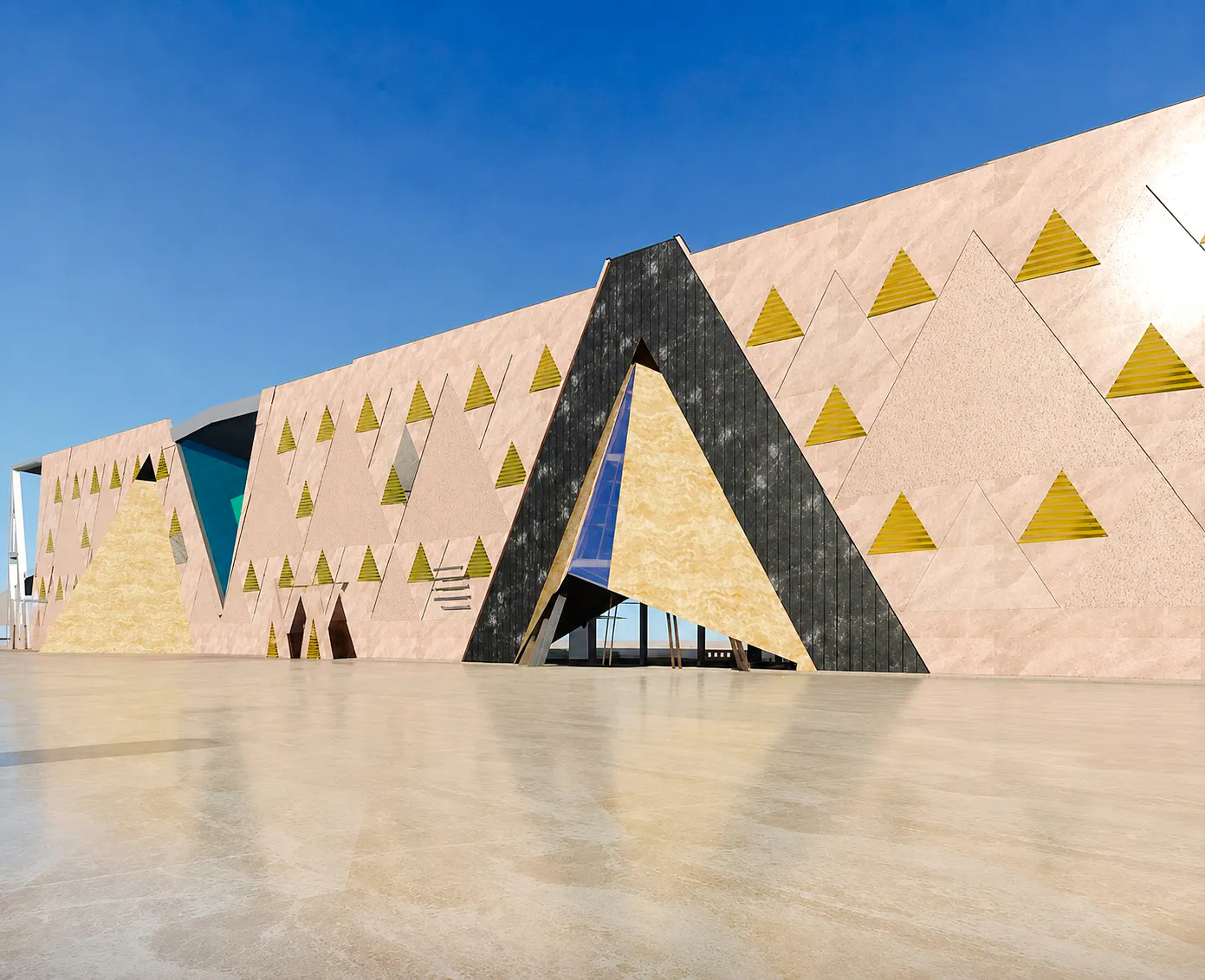 Grand Egyptian Museum facade with geometric patterns, Giza, Egypt.