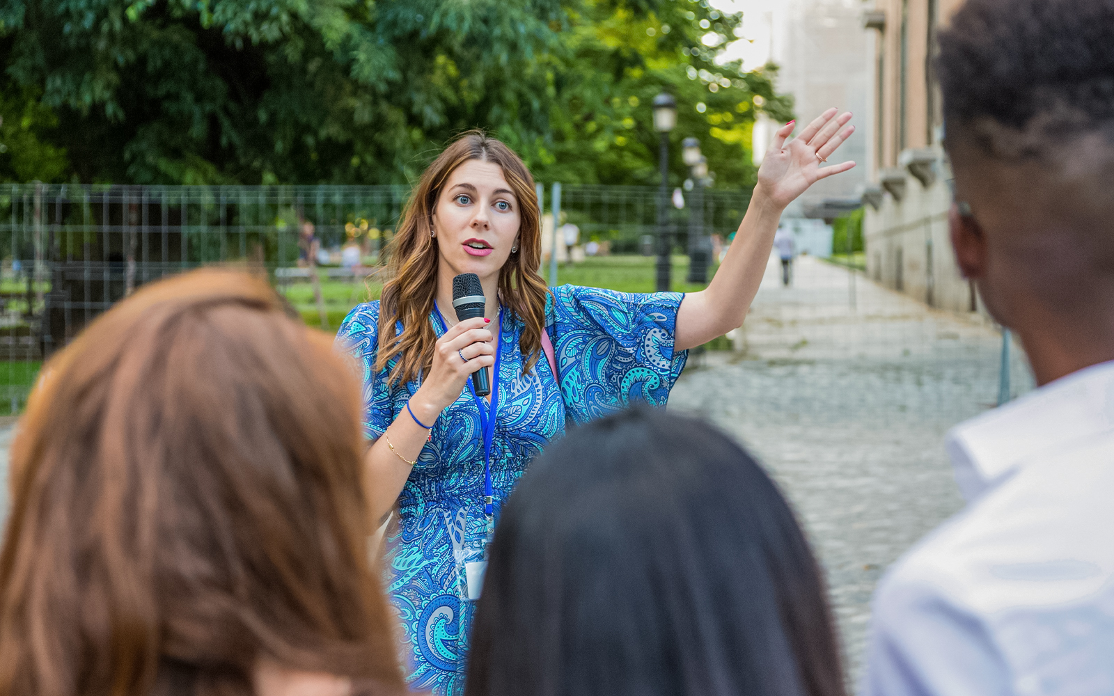 Guide interacting with tourists
