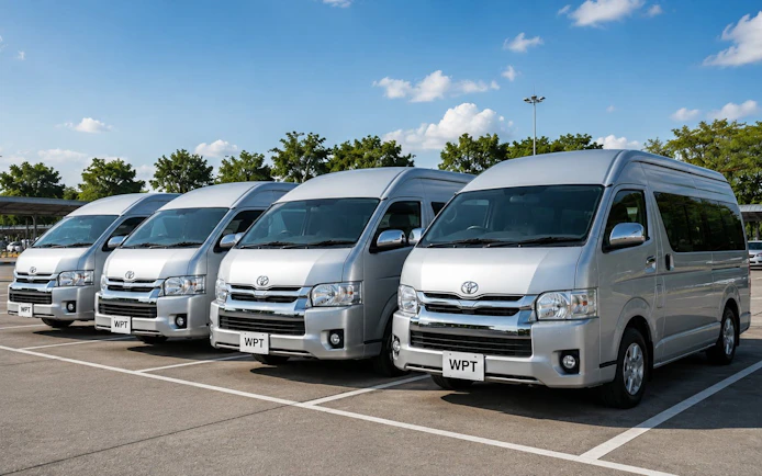 Private vans for transfer from Chiang Mai City to Chiang Khong, parked in a row.