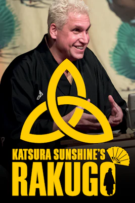 Katsura Sunshine performing traditional Rakugo storytelling on stage in Tokyo, Japan.