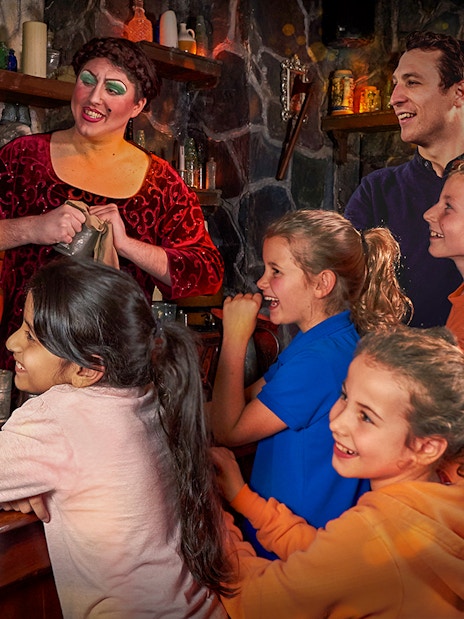 Puss in Boots entertaining children at Shrek’s Adventure! London.