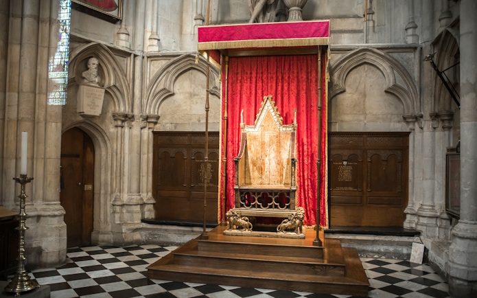Coronation Chair in Westminster Abbey, London, part of the Westminster to Greenwich cruise tour.
