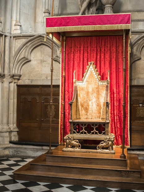 Coronation Chair in Westminster Abbey, London, part of the Westminster to Greenwich cruise tour.