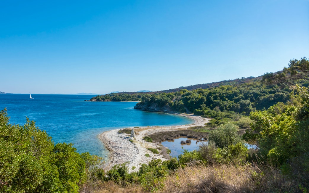 Coastal view of Erimitis forest with blue sea and greenery, north-east Corfu, Greece.