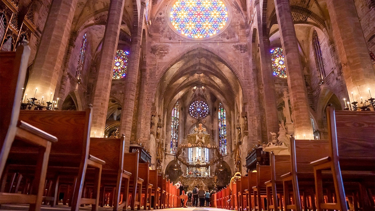 Palma Cathedral exterior with Gothic architecture in Palma de Mallorca, Spain.