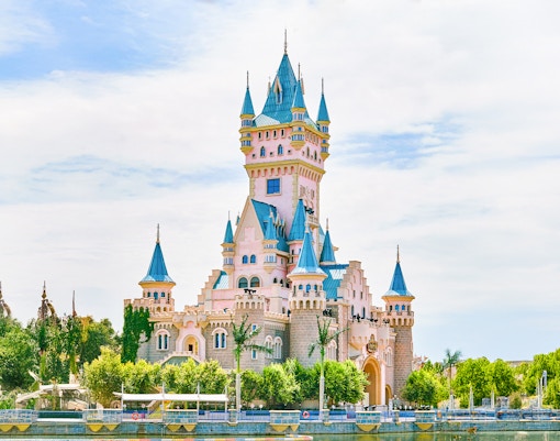 Sleeping Beauty Castle with blue turrets at Disneyland Park, California.