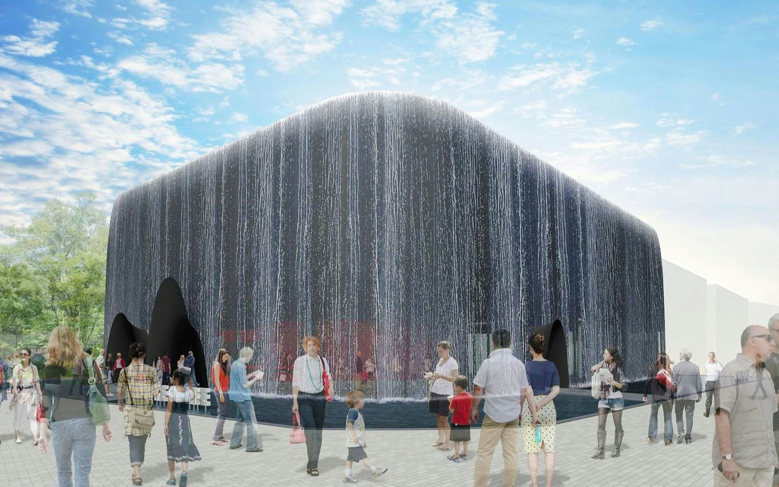 Visitors at the "Future of Life" Pavilion, Expo 2025 Osaka, with cascading water facade.