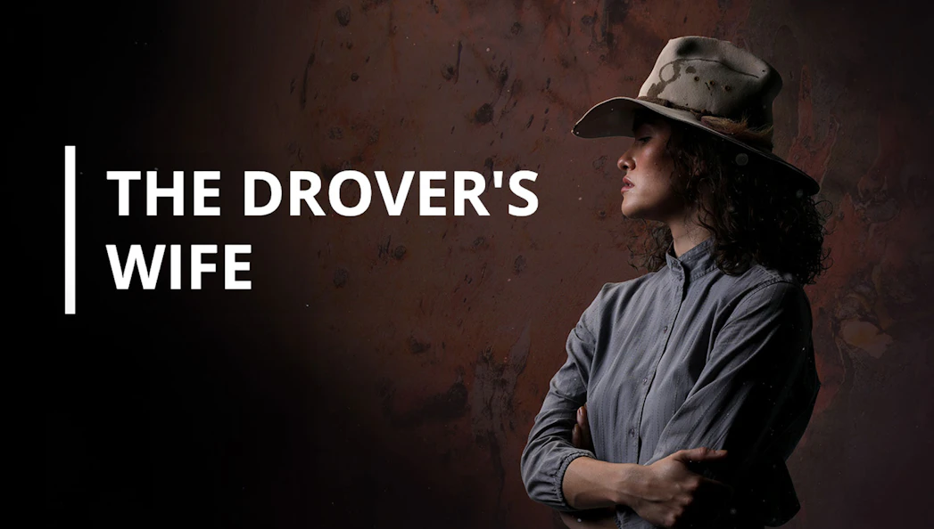 The Drover's Wife Sydney poster featuring a woman in a hat against a textured background.
