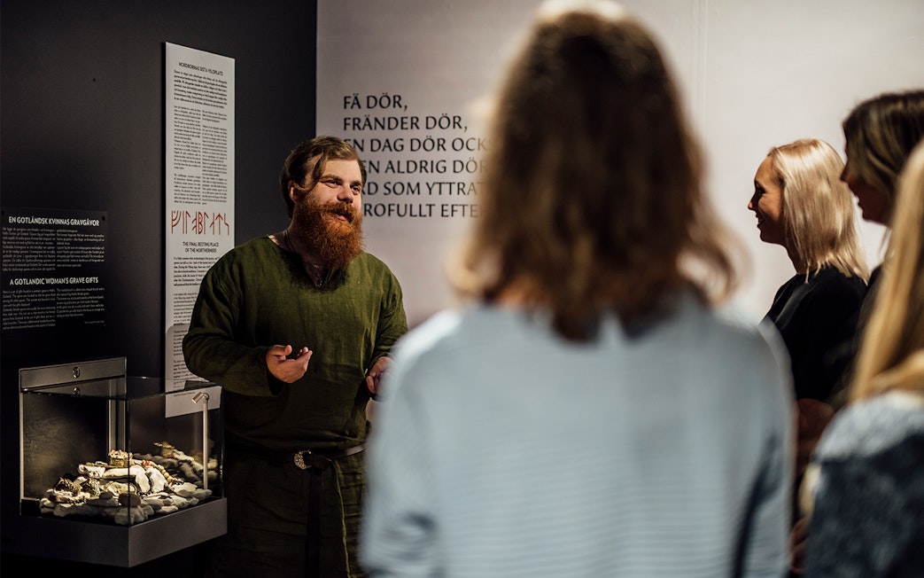 Tour guide explaining Viking artifacts at Stockholm museum exhibit.
