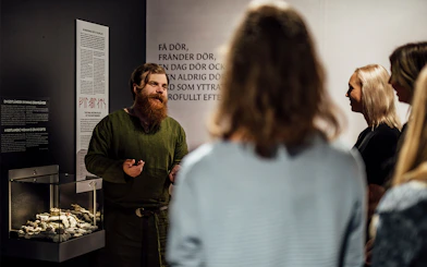 Tour guide explaining Viking artifacts at Stockholm museum exhibit.