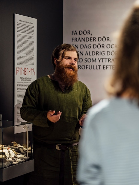 Tour guide explaining Viking artifacts at Stockholm museum exhibit.