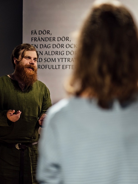 Tour guide explaining Viking artifacts at Stockholm museum exhibit.