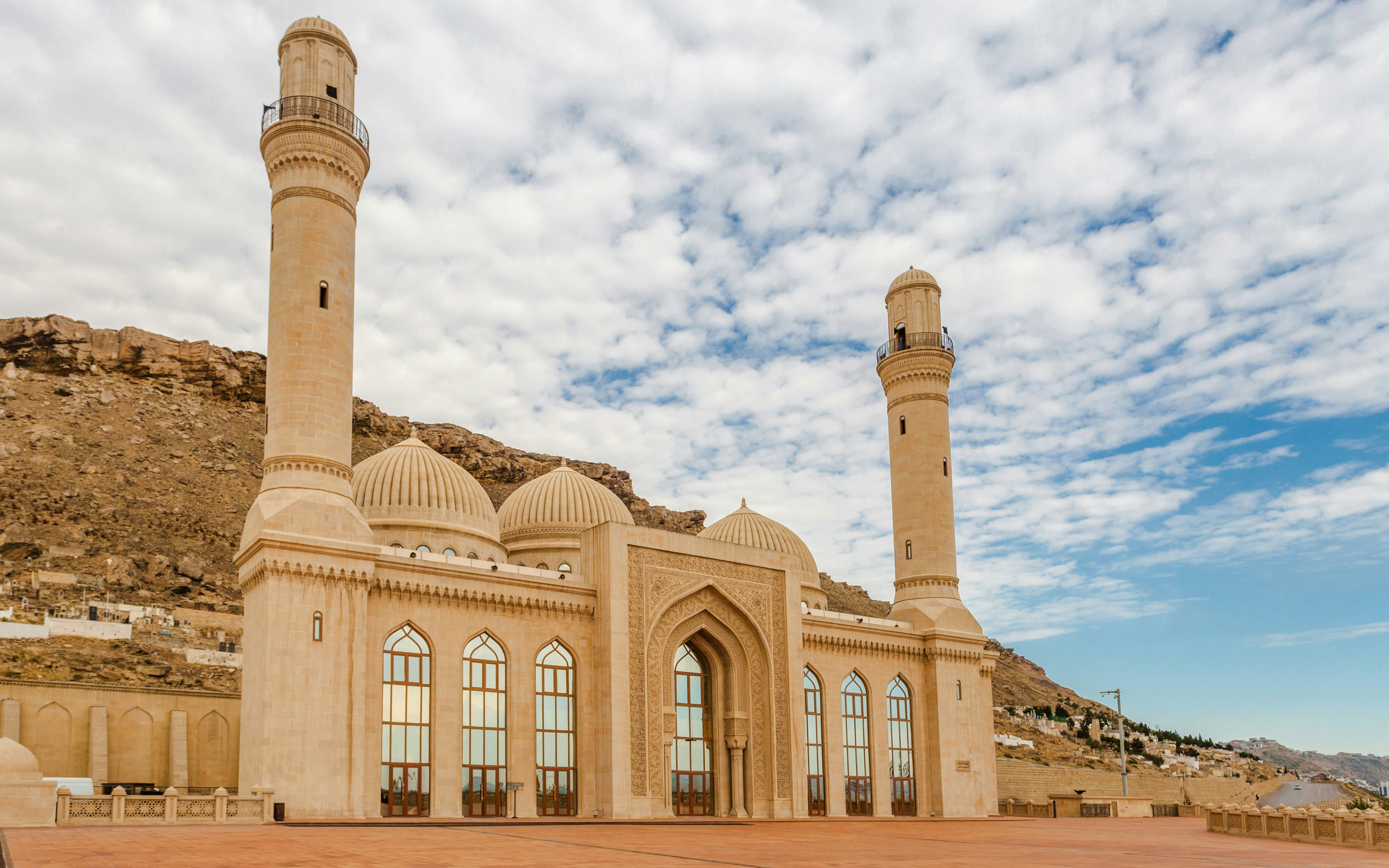 Bibi Heybat Mosque with minarets and domes in Baku, Azerbaijan.
