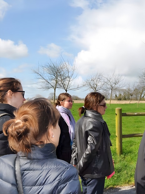 Tour group listening to a guide at Normandy, France, with green fields and trees in the background.