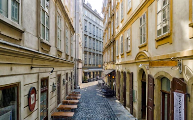 Narrow cobblestone street with historic buildings in Vienna Old Town.